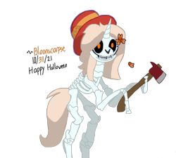 Size: 2000x1800 | Tagged: safe, artist:bloonacorn, oc, oc only, skeleton pony, unicorn, anatomically incorrect, axe, bipedal, bone, hoof hold, incorrect leg anatomy, skeleton, solo, weapon