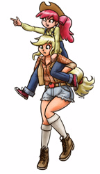 Size: 920x1600 | Tagged: safe, artist:king-kakapo, imported from derpibooru, apple bloom, applejack, human, apple bloom riding applejack, clothes, converse, humanized, shoes