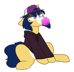 Size: 1441x1405 | Tagged: safe, artist:2k.bugbytes, imported from ponybooru, oc, oc only, oc:flash reboot, pony, unicorn, alternate hairstyle, backwards ballcap, baseball cap, bubblegum, cap, clothes, female, food, gum, hat, hoodie, lidded eyes, mare, simple background, sitting, solo, transparent background