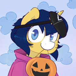 Size: 800x800 | Tagged: safe, artist:2k.bugbytes, imported from ponybooru, oc, oc only, oc:flash reboot, pony, unicorn, alternate hairstyle, bust, female, looking at you, mare, mask, mouth hold, portrait, pumpkin, pumpkin bucket, solo, squid game