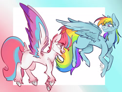 Size: 2268x1701 | Tagged: safe, artist:sallybatbridge, imported from derpibooru, rainbow dash, zipp storm, pegasus, pony, counterparts, duo, female, flying, g5, looking at each other, mare, my little pony: a new generation, signature, smiling