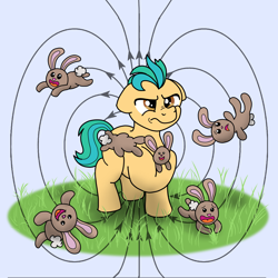 Size: 2548x2548 | Tagged: safe, artist:doodledonutart, imported from derpibooru, hitch trailblazer, earth pony, pony, rabbit, spoiler:my little pony: a new generation, animal, animal magnetism, critter magnet, floppy ears, frown, g5, high res, hitch trailblazer is not amused, literal, magnetic field, male, my little pony: a new generation, pun, solo, stallion, visual pun