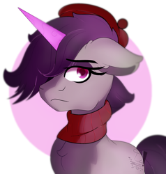 Size: 1900x2000 | Tagged: safe, artist:diamondgreenanimat0, imported from derpibooru, pony, unicorn, 2021, beatnik pony, beret, clothes, eyeshadow, female, g5, hair over one eye, hat, makeup, mare, my little pony: a new generation, onyx, pink background, sad, scarf, shadow, simple background, solo, white background