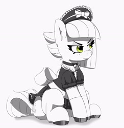 Size: 2484x2556 | Tagged: safe, artist:pabbley, imported from derpibooru, limestone pie, earth pony, pony, annoyed, bell, bell collar, black and white, choker, clothes, collar, colored hooves, cute, dress, eyebrows, female, freckles, frown, grayscale, high res, hoof polish, limabetes, looking away, maid, maid headdress, mare, monochrome, partial color, simple background, sitting, socks, solo, white background