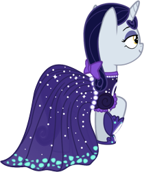 Size: 553x658 | Tagged: safe, artist:azgchip, imported from derpibooru, moonlight raven, pony, unicorn, bow, clothes, digital art, dress, eyeshadow, female, hoof shoes, makeup, mare, raised hoof, rear view, simple background, solo, transparent background