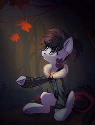 Size: 2164x2860 | Tagged: safe, artist:taneysha, imported from derpibooru, oc, oc only, earth pony, pony, autumn, clothes, ear fluff, ear piercing, female, forest, high res, jacket, leaf, mare, piercing, sitting, solo