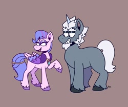 Size: 1965x1645 | Tagged: safe, artist:atomivaras, imported from derpibooru, queen haven, pegasus, pony, unicorn, spoiler:my little pony: a new generation, alphabittle blossomforth, alphahaven, bean mouth, beard, blank flank, blushing, colored hooves, colored wings, facial hair, female, g5, grin, hilarious in hindsight, jewelry, lidded eyes, male, mare, missing cutie mark, my little pony: a new generation, necklace, regalia, shipping, sideburns, smiling, stallion, straight, unshorn fetlocks, wings