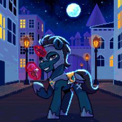 Size: 720x720 | Tagged: safe, artist:hikkage, imported from derpibooru, oc, oc only, oc:slashing prices, pony, unicorn, animated, armor, armor skirt, badge, canterlot, cutie mark, flower, gif, glowing, glowing horn, grin, helmet, hoof shoes, horn, lamppost, levitation, looking at you, magic, magic aura, male, moon, night, one eye closed, outdoors, pixel art, pose, rose, royal guard, royal guard armor, saddle, skirt, sky, smiling, smiling at you, solo, stallion, stars, street, tack, telekinesis, unicorn oc, window, wink, winking at you