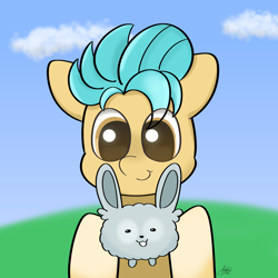 Size: 2160x2160 | Tagged: safe, artist:limitmj, imported from derpibooru, hitch trailblazer, earth pony, pony, rabbit, spoiler:my little pony: a new generation, animal, chest fluff, critter magnet, g5, high res, male, my little pony: a new generation, solo, stallion