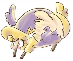 Size: 1280x1059 | Tagged: safe, artist:kathomu, imported from derpibooru, alpaca, dog, them's fightin' herds, cloven hooves, community related, cute, doodle, duo, female, lying down, lying on top of someone, nervous, paprika (tfh), pastel, sheep dog, simple background, sleeping, sweat, white background