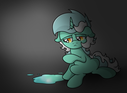 Size: 3055x2244 | Tagged: safe, artist:background basset, imported from derpibooru, lyra heartstrings, pony, unicorn, depressed, gray background, high res, puddle, reflection, sad, simple background, sitting, solo