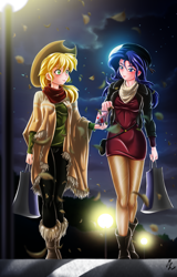 Size: 1373x2149 | Tagged: safe, artist:mauroz, imported from derpibooru, part of a set, applejack, rarity, human, anime, cloud, female, humanized, leaves, lesbian, night, rarijack, shipping, sky, stars, streetlight