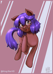 Size: 1073x1500 | Tagged: safe, artist:kingjnar, imported from derpibooru, oc, oc only, oc:jayna, earth pony, pony, abstract background, female, glasses, looking at you, mare, raised hoof, raised leg, smiling, solo