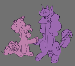 Size: 1436x1269 | Tagged: safe, artist:tezzbot, imported from derpibooru, izzy moonbow, pinkie pie, earth pony, pony, unicorn, backwards cutie mark, bracelet, cloven hooves, duo, duo female, female, friendship bracelet, g5, height difference, jewelry, limited palette, mare, older, older pinkie pie, purple background, simple background, sitting, unshorn fetlocks