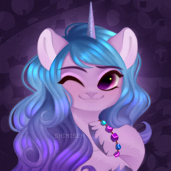 Size: 1800x1800 | Tagged: safe, artist:shimisen, imported from derpibooru, izzy moonbow, pony, unicorn, spoiler:my little pony: a new generation, bust, cute, female, g5, izzybetes, mare, my little pony: a new generation, one eye closed, smiling, solo, wink