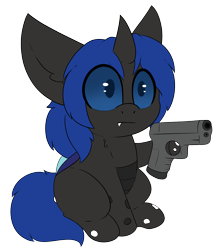 Size: 2317x2653 | Tagged: safe, artist:pegamutt, imported from derpibooru, oc, oc only, oc:swift dawn, changeling, :l, blue changeling, changeling oc, chest fluff, chibi, commission, cute, cuteling, delet this, fangs, gun, high res, horn, male, simple background, sitting, solo, stallion, transparent background, weapon, wings, ych result