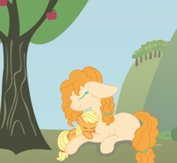 Size: 1352x1242 | Tagged: safe, artist:xxpastelpawxx, imported from derpibooru, applejack, pear butter, earth pony, pony, cute, duo, duo female, eyes closed, female, filly, filly applejack, floppy ears, jackabetes, lying down, mother and child, mother and daughter, no cutie marks because im lazy, pearabetes, prone, smiling, younger