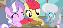 Size: 1311x586 | Tagged: safe, artist:xxpastelpawxx, edit, edited screencap, imported from derpibooru, screencap, apple bloom, diamond tiara, silver spoon, earth pony, on your marks, season 6, female, filly, food, pie