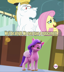 Size: 929x1041 | Tagged: safe, edit, edited screencap, imported from derpibooru, screencap, bulk biceps, fluttershy, pipp petals, pegasus, pony, rainbow falls, season 4, spoiler:g5, spoiler:my little pony: a new generation, exploitable meme, g5, meme, my little pony: a new generation, replacement meme