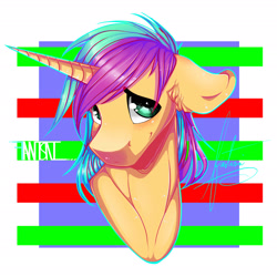 Size: 2155x2153 | Tagged: safe, artist:fantisai, imported from derpibooru, oc, oc only, pony, unicorn, abstract background, bust, eyestrain warning, female, floppy ears, high res, horn, mare, signature, solo, unicorn oc