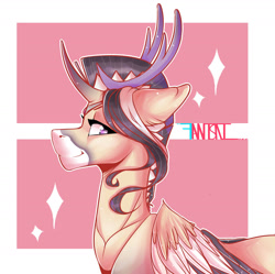 Size: 2017x2009 | Tagged: safe, artist:fantisai, imported from derpibooru, oc, oc only, deer, pegadeer, pony, abstract background, bust, high res, horn, smiling, solo