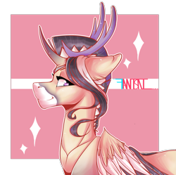 Size: 2017x2009 | Tagged: safe, alternate version, artist:fantisai, imported from derpibooru, oc, oc only, deer, pegadeer, pony, abstract background, bust, high res, horn, simple background, smiling, solo, transparent background