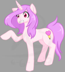 Size: 531x592 | Tagged: safe, artist:senpaimisskitty, imported from derpibooru, oc, oc only, pony, unicorn, female, gray background, gritted teeth, horn, mare, raised hoof, simple background, solo, unicorn oc