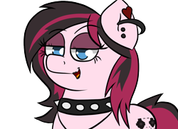 Size: 1100x800 | Tagged: safe, artist:tranzmuteproductions, imported from derpibooru, oc, oc only, oc:xena, earth pony, pony, bedroom eyes, bust, choker, ear piercing, earring, earth pony oc, eyelashes, goth, jewelry, lipstick, piercing, simple background, smiling, solo, spiked choker, transparent background