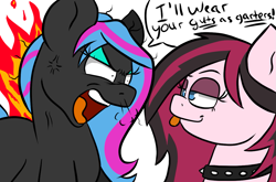 Size: 1209x800 | Tagged: safe, artist:tranzmuteproductions, imported from derpibooru, oc, oc only, oc:obabscribbler, oc:xena, earth pony, pony, :p, angry, bust, choker, cross-popping veins, duo, earth pony oc, female, goth, male, mare, simple background, spiked choker, stallion, talking, tongue out, white background