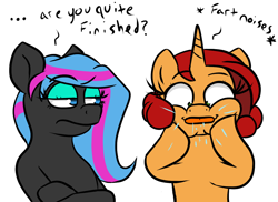 Size: 1100x800 | Tagged: safe, artist:tranzmuteproductions, imported from derpibooru, oc, oc only, oc:obabscribbler, earth pony, pony, unicorn, bust, cheek squish, crossed arms, descriptive noise, dialogue, duo, earth pony oc, horn, simple background, squishy cheeks, unamused, unicorn oc, white background