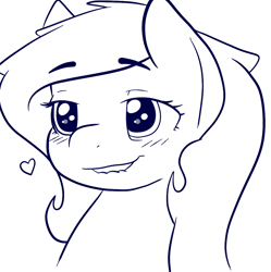 Size: 1094x1098 | Tagged: safe, artist:zombietator, imported from derpibooru, oc, oc only, oc:claire, earth pony, pony, blushing, earth pony oc, female, heart, lineart, lip bite, mare, monochrome, simple background, solo, white background