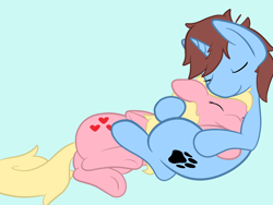 Size: 4000x3000 | Tagged: safe, artist:zombietator, imported from derpibooru, oc, oc only, oc:wolfie, earth pony, pegasus, pony, unicorn, blue background, cuddling, earth pony oc, eyes closed, female, male, mare, oc x oc, paw prints, pegasus oc, shipping, simple background, sleeping, stallion, straight, wings