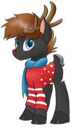 Size: 386x594 | Tagged: safe, artist:tragedy-kaz, imported from derpibooru, oc, oc only, deer, reindeer, antlers, clothes, red nose, scarf, simple background, smiling, transparent background