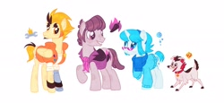 Size: 3000x1382 | Tagged: safe, artist:xxxan_of_fiery, imported from derpibooru, oc, oc:mystery (mysteryben), dog, earth pony, pegasus, pony, unicorn, amputee, clothes, collar, female, group, jacket, lewis, male, mare, mystery skulls, mystery skulls ghost, ponified, prosthetic limb, prosthetics, scarf, simple background, stallion, sunglasses, white background