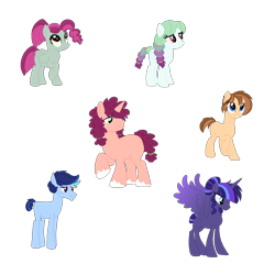 Size: 1500x1500 | Tagged: safe, artist:tragedy-kaz, imported from derpibooru, oc, oc only, alicorn, earth pony, pony, unicorn, alicorn oc, base used, earth pony oc, female, horn, looking back, male, mare, stallion, unicorn oc, unshorn fetlocks, wings