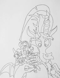 Size: 782x1021 | Tagged: safe, artist:gojira1604shinomura, imported from derpibooru, adagio dazzle, discord, grogar, king sombra, lord tirek, centaur, draconequus, sheep, siren, taur, unicorn, equestria girls, horns, male, pencil drawing, plushie, ram, size difference, traditional art