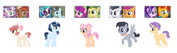 Size: 2760x831 | Tagged: safe, artist:tragedy-kaz, imported from derpibooru, button mash, dj pon-3, rumble, scootaloo, starlight glimmer, sunburst, sweetie belle, vinyl scratch, oc, pony, unicorn, base used, colt, female, filly, liquid button, male, mare, offspring, parent:button mash, parent:rumble, parent:scootaloo, parent:starlight glimmer, parent:sunburst, parent:sweetie belle, parents:rumbloo, parents:starburst, parents:sweetiemash, screencap reference, simple background, stallion, transparent background