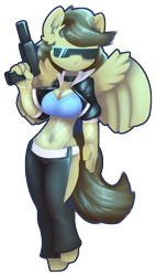 Size: 798x1408 | Tagged: safe, artist:afkregen, imported from derpibooru, oc, oc only, oc:static spark, anthro, pegasus, unguligrade anthro, belly button, breasts, cleavage, clothes, collar, female, fishnets, gun, handgun, pistol, solo, sunglasses, weapon, wings