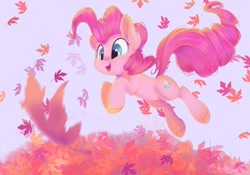 Size: 1932x1354 | Tagged: safe, artist:sketchiix3, imported from derpibooru, pinkie pie, earth pony, pony, autumn, autumn leaves, cute, diapinkes, female, happy, jumping, leaf, leaves, mare, open mouth, open smile, simple background, smiling, solo