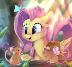 Size: 1280x1200 | Tagged: safe, artist:sketchiix3, imported from derpibooru, fluttershy, butterfly, mouse, pegasus, pony, bag, cheese, cute, daaaaaaaaaaaw, eating, female, food, mare, open mouth, open smile, saddle bag, shyabetes, smiling, solo