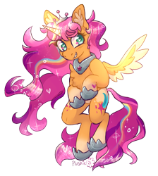 Size: 957x1070 | Tagged: safe, artist:plushiepoms, imported from derpibooru, sunny starscout, alicorn, pony, alicornified, chest fluff, ear fluff, female, g5, heart eyes, jewelry, mane stripe sunny, mare, my little pony: a new generation, princess sunny starscout, race swap, regalia, simple background, solo, sunnycorn, transparent background, wingding eyes