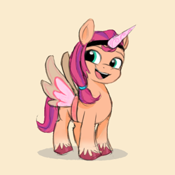 Size: 768x768 | Tagged: safe, alternate version, artist:sketchy-pones, imported from derpibooru, sunny starscout, earth pony, pony, spoiler:g5, spoiler:my little pony: a new generation, cute, fake horn, fake wings, female, filly, filly sunny starscout, g5, my little pony: a new generation, simple background, smiling, solo, sunnybetes