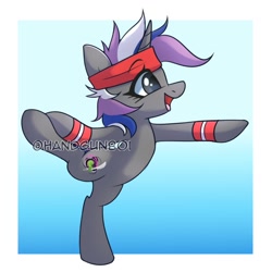 Size: 1500x1500 | Tagged: safe, artist:handgunboi, imported from derpibooru, oc, oc only, pony, unicorn, bipedal, commission, female, gradient background, headband, open mouth, solo, standing, standing on one leg, wristband, yoga, yoga pose