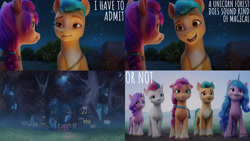 Size: 1280x720 | Tagged: safe, edit, edited screencap, editor:quoterific, imported from derpibooru, screencap, hitch trailblazer, izzy moonbow, pipp petals, sunny starscout, zipp storm, earth pony, pegasus, pony, unicorn, spoiler:g5, spoiler:my little pony: a new generation, bridlewood, female, g5, male, mane five (g5), mare, my little pony: a new generation, night, open mouth, open smile, smiling, stallion