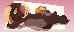 Size: 1440x632 | Tagged: safe, artist:rhythmpixel, imported from derpibooru, oc, oc only, oc:sweet marble, earth pony, pony, belly, belly button, female, lineless, looking at you, lying down, mare, on side, one eye closed, pale belly, solo, tail, tail bun