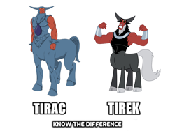 Size: 1196x898 | Tagged: safe, imported from derpibooru, lord tirek, centaur, taur, antagonist, comparison, g1, g4, know the difference, tirac's bag, tirek (g1)
