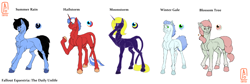 Size: 3600x1206 | Tagged: safe, artist:anelaponela, imported from derpibooru, oc, oc:blossom tree, oc:hailstorm, oc:moonstorm, oc:summer rain, oc:winter gale, earth pony, pony, unicorn, fallout equestria, ear fluff, earth pony oc, fallout equestria: the daily unlife, female, headcanon, horn, leonine tail, looking at you, male, raised hoof, redesign, reference sheet, simple background, smiling, smiling at you, tail, unicorn oc