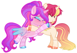 Size: 1280x897 | Tagged: safe, artist:gloriaartist, artist:katelynleeann42, imported from derpibooru, oc, oc only, oc:starflight sparkle, alicorn, pony, unicorn, bipedal, duo, duo female, eyes closed, female, hug, mare, one eye closed, simple background, transparent background