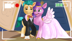 Size: 1920x1080 | Tagged: safe, artist:jbond, imported from derpibooru, hitch trailblazer, pipp petals, earth pony, pegasus, pony, spoiler:my little pony: a new generation, adorapipp, camera shot, castle, clothes, cute, dress, duo, female, g5, hitchpipp, jewelry, male, mare, marriage, my little pony: a new generation, open mouth, regalia, sad, shipping, smiling, stallion, straight, unshorn fetlocks, wedding, wedding dress