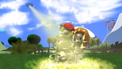 Size: 3840x2160 | Tagged: safe, artist:ma3a, imported from derpibooru, bright mac, pear butter, the perfect pear, 3d, apple, apple tree, beaming, brightbutter, canterlot castle, cloud, dematerializing, fanfic in the description, female, high res, implied grand pear, krita, male, shipping, source filmmaker, star trek, straight, sweet apple acres, transporter, tree, uss enterprise, voice actor joke